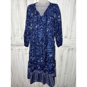 WOMENS AERIE BLUE FLORAL BOHO TIERED MAXI DRESS 3/4 BALLOON SLEEVE TASSEL BOHO S